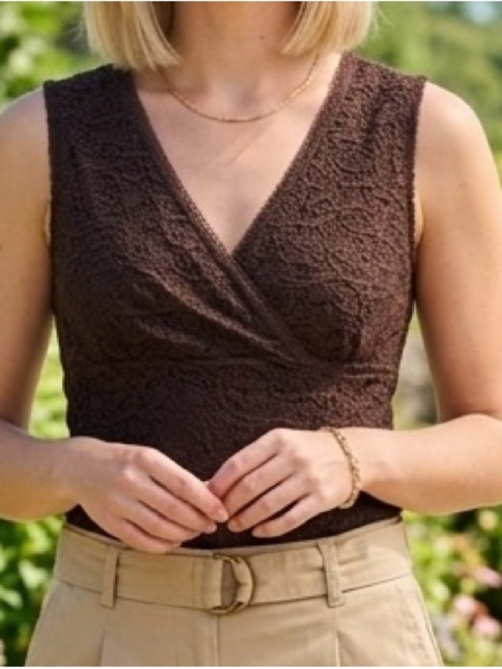 AB Studio Brown Lace V-Neck Sleeveless Tank